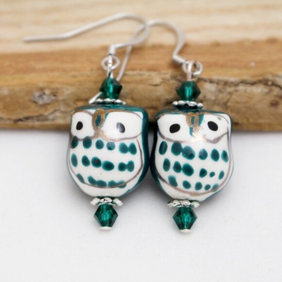 Emerald Green Porcelain Owl Beaded Earrings - Handmade & Hypoallergenic - Picture 1 of 7